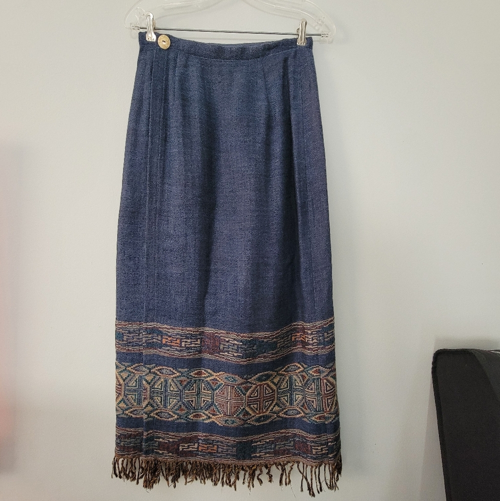 Tasha Polizzi Navy Saddle Blanket Maxi Skirt with Multicolor Geometric Border